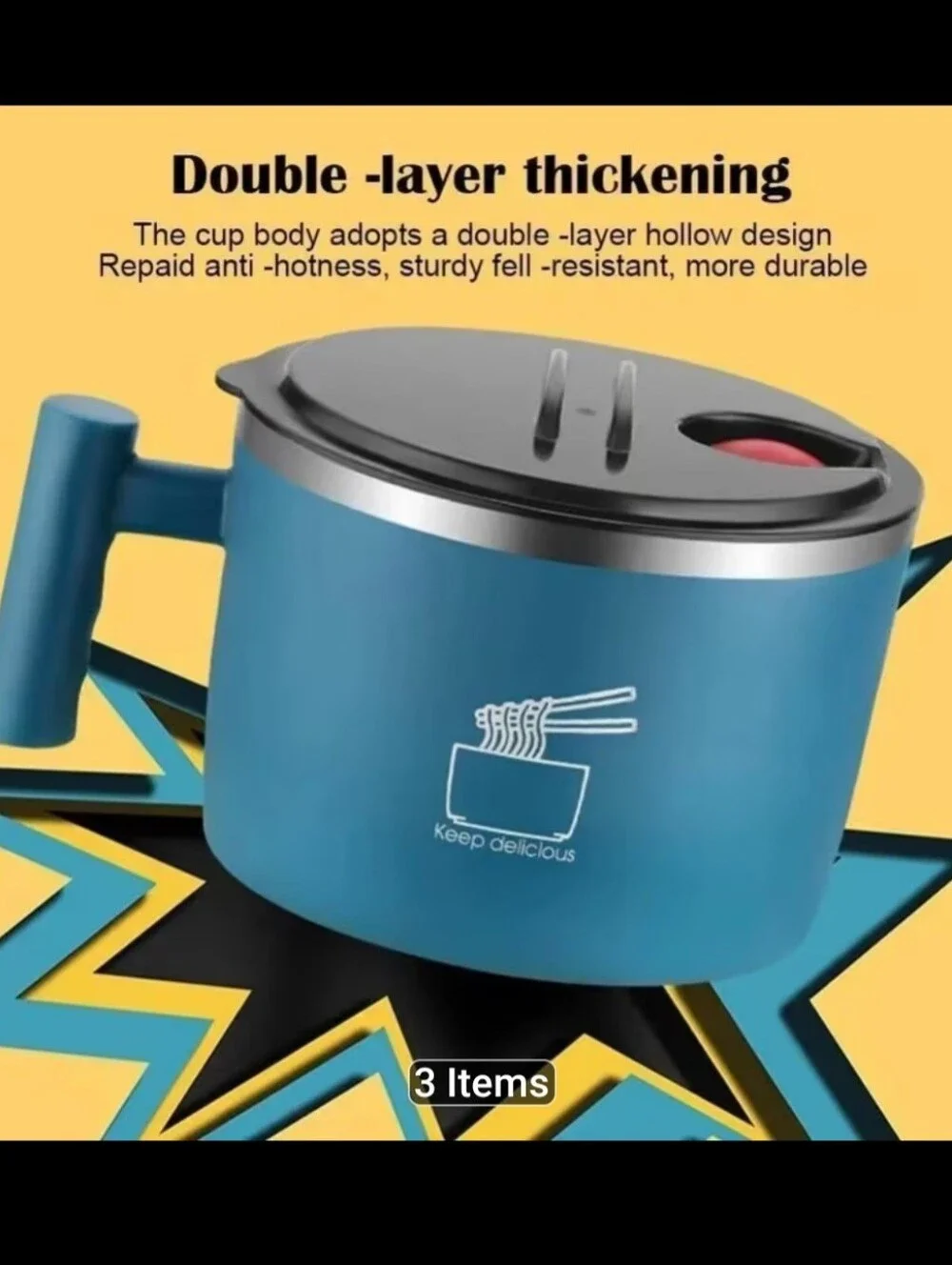 Blue Stainless Steel Noodle Bowl with Handle and Steam Vent